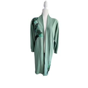Vtg 80s Lacy After noon Duster Cardigan Womens Size S Green Embellished Sequins